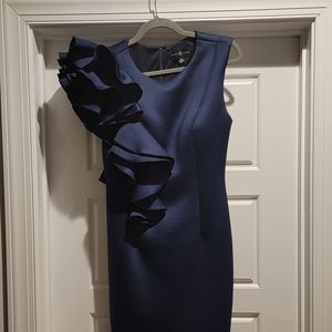 Betsy & Adam navy scuba ruffle shoulder sheath dress size 10